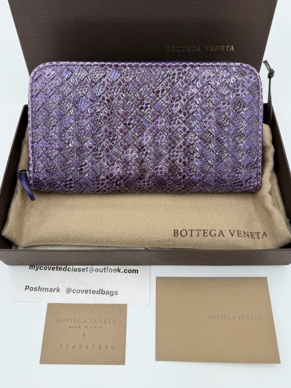 Bottega Veneta Ayers Intrecciato Zip Wallet in Snakeskin Full Set w/Entrupy COA
